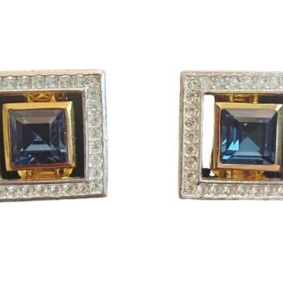 Christian Dior Vintage Silver & Gold Square
Sapphire Clip Earrings - Picture 1 of 9